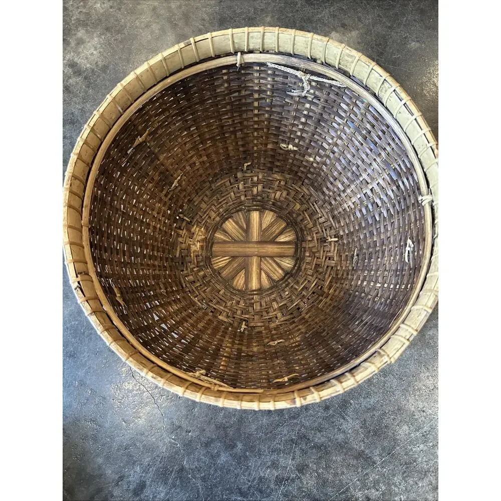 Round Vintage Southeast Asian Handwoven Bamboo Basket 12” X 7” With Handles